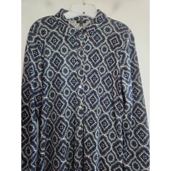 Talbots Navy Blue & Brown Ikat Tapestry Print Jersey Knit  Midi Shirt Dress 14 - Picture 4 of 7